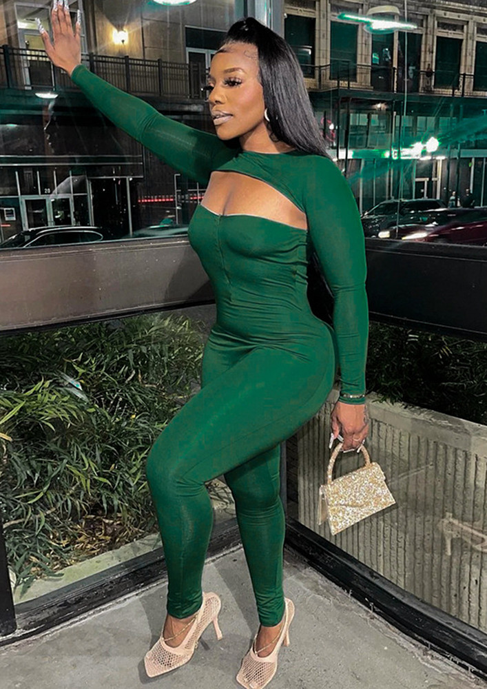 FITTED GREEN CUT-OUT FRONT JUMPSUIT