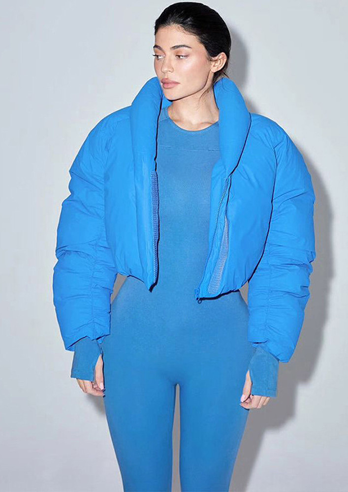 Blue Fitted Crew Neck Jumpsuit With Thumbholes