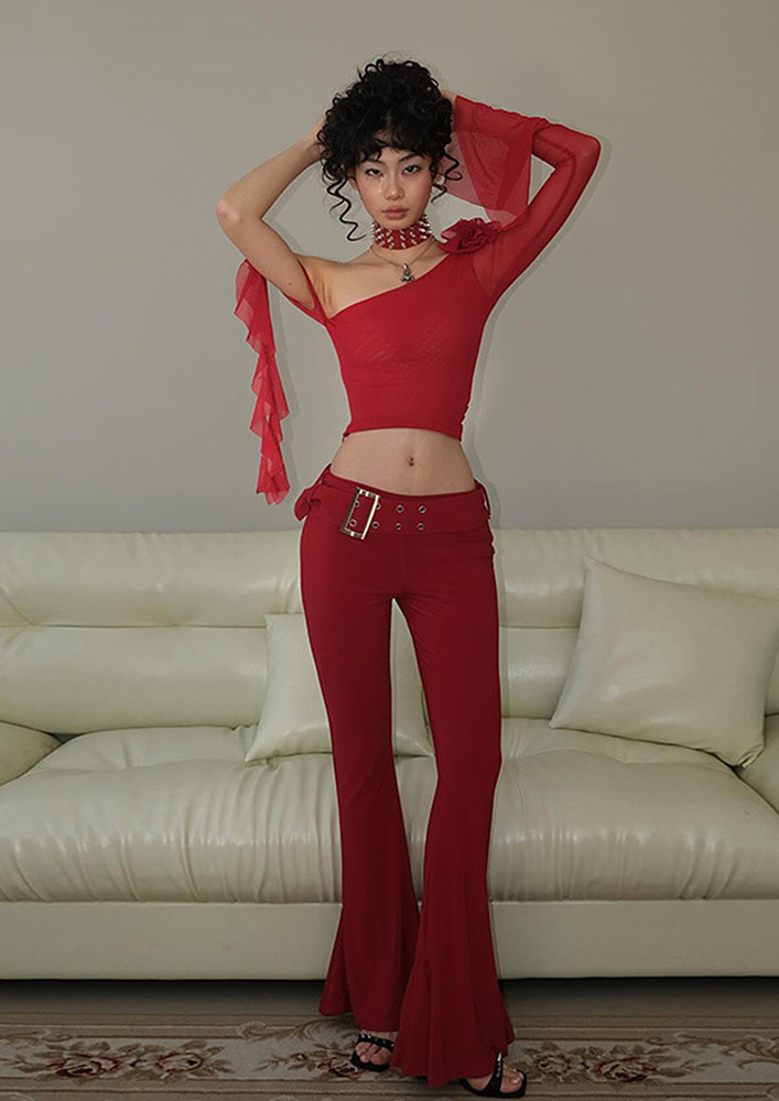 Red Low-waisted Flare Pants W/ Belt