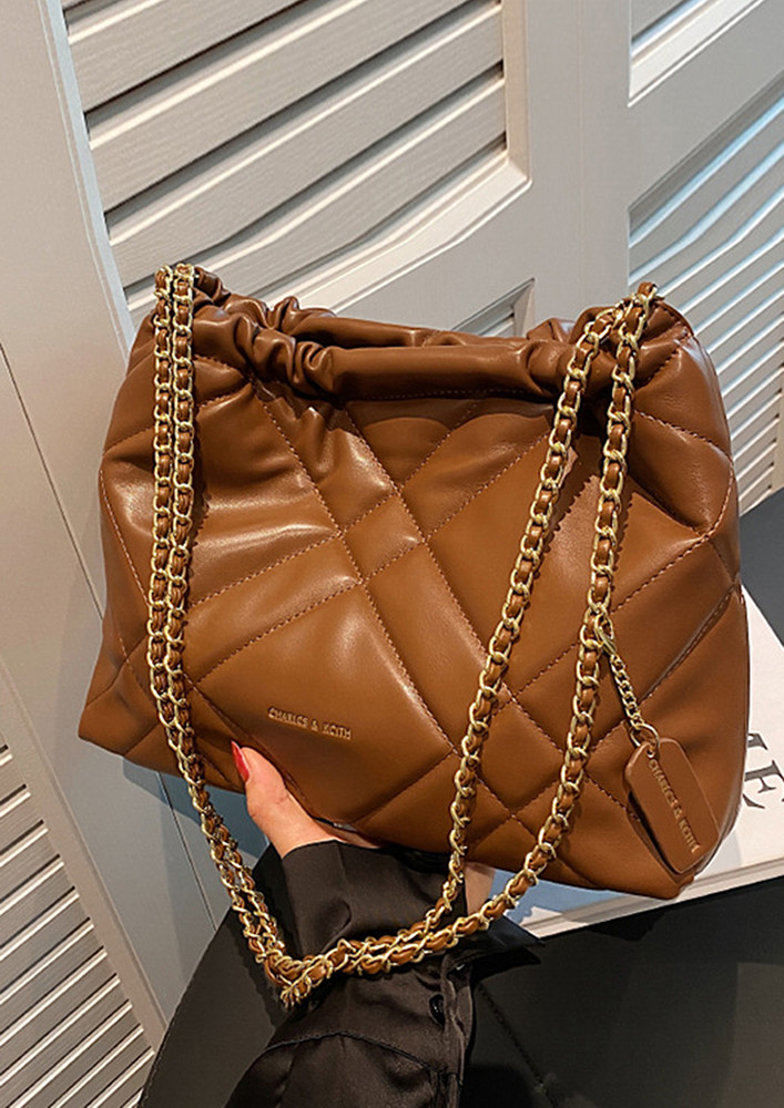 BROWN QUILTED DOUBLE CHAIN STRAP SHOULDER BAG