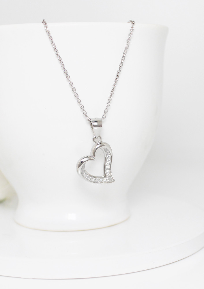 Silver Zircon Curve Heart Necklace With Link Chain