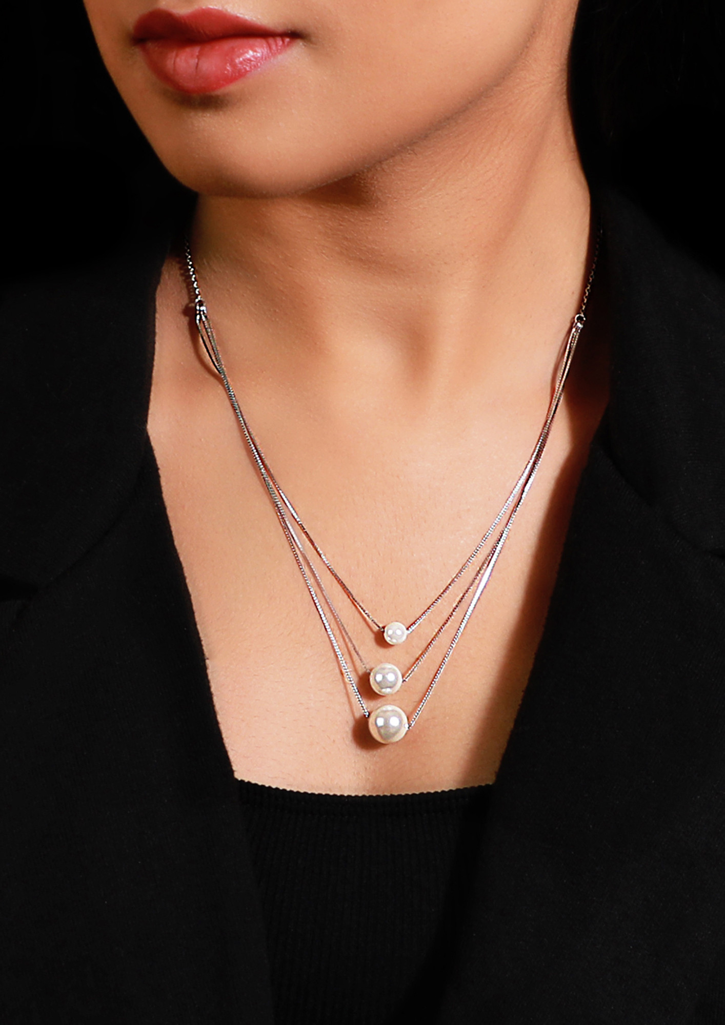 Silver Triple Layer Pearl Necklace With Link Chain