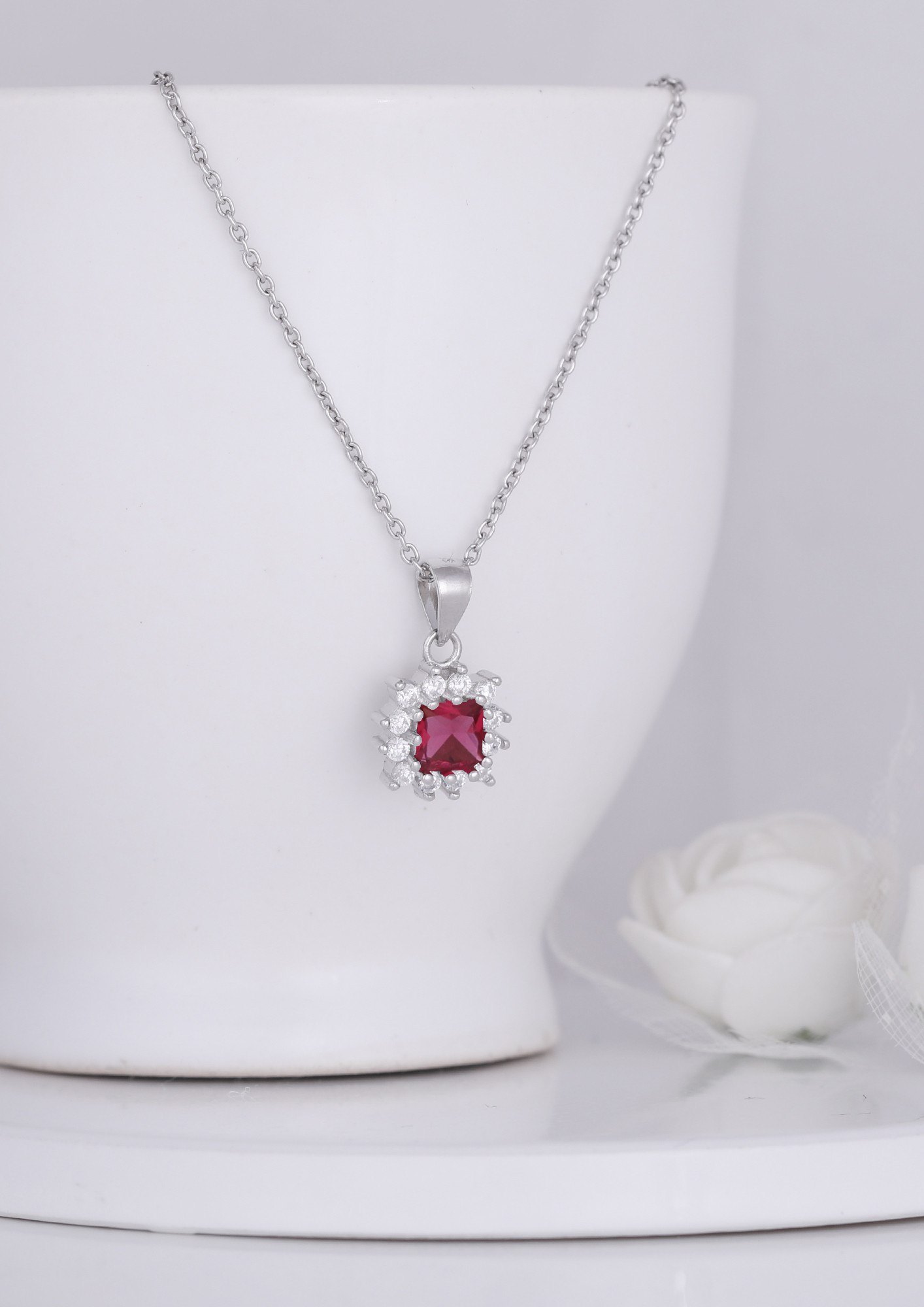 Garnet Red Diamantine Round Pendant Necklace | Les Nereides