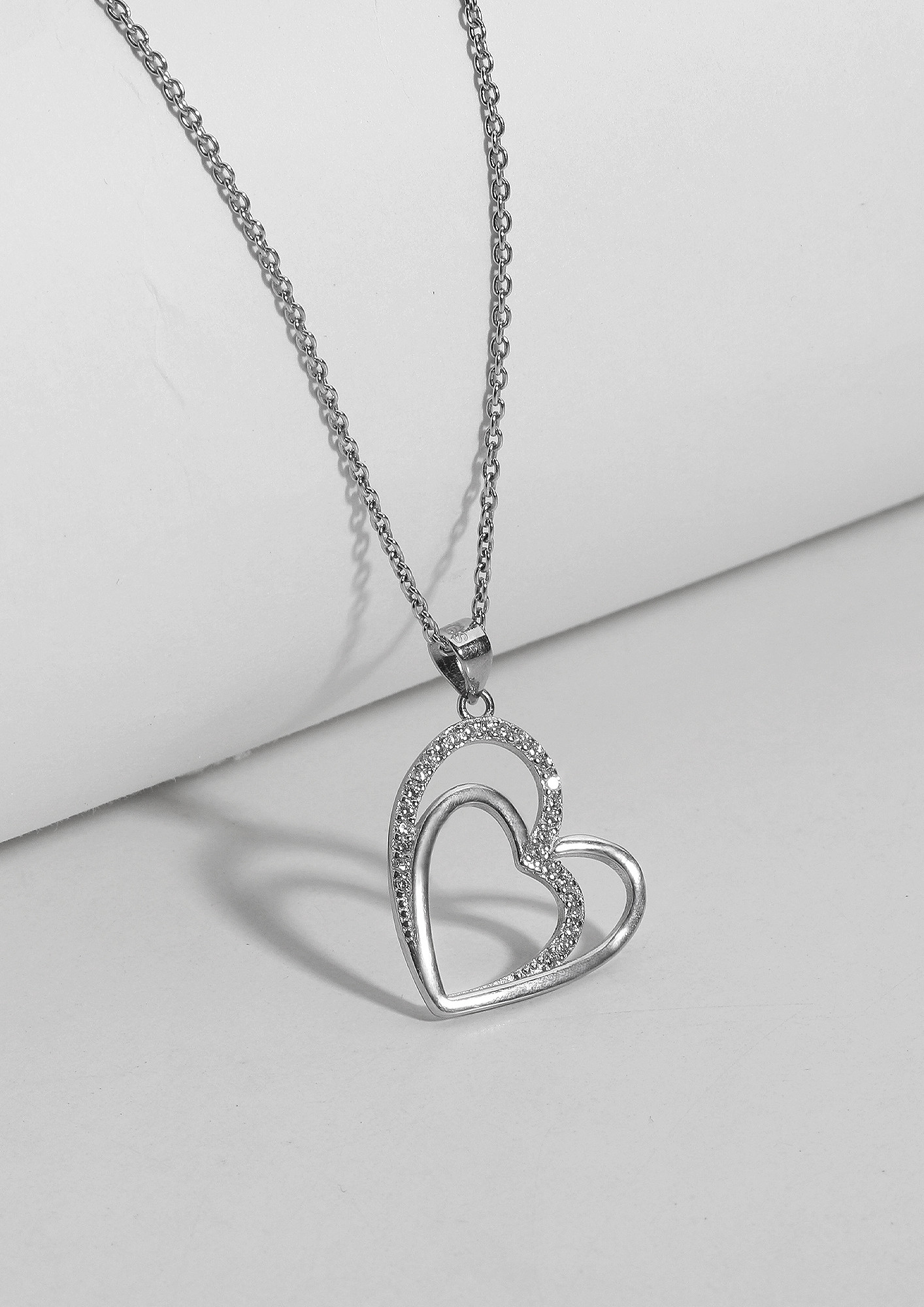 Silver Zircon Double Heart Pendant with Link Chain