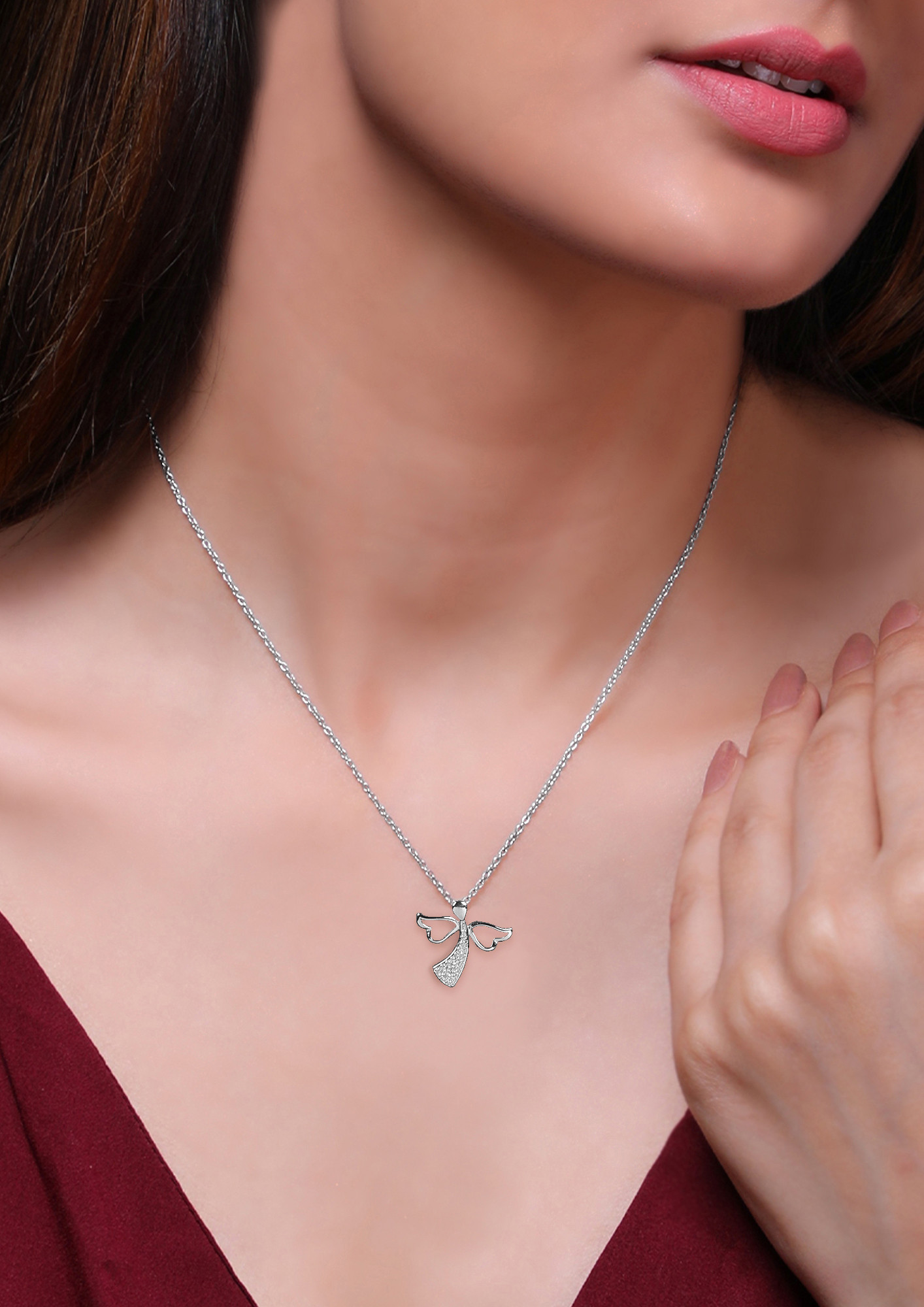 Silver Zircon Angel Pendant with Link Chain