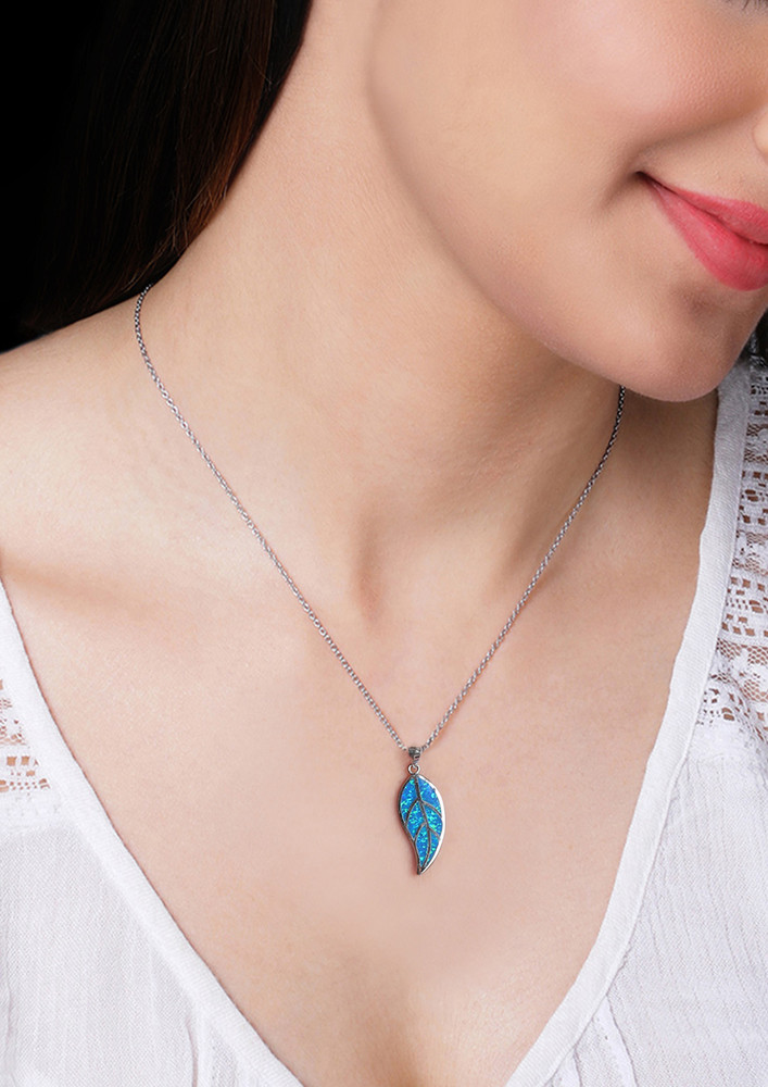 Silver Mystic Blue Leaf Pendant With Link Chain