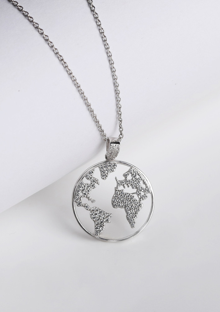 Silver Zircon World Pendant with Link Chain