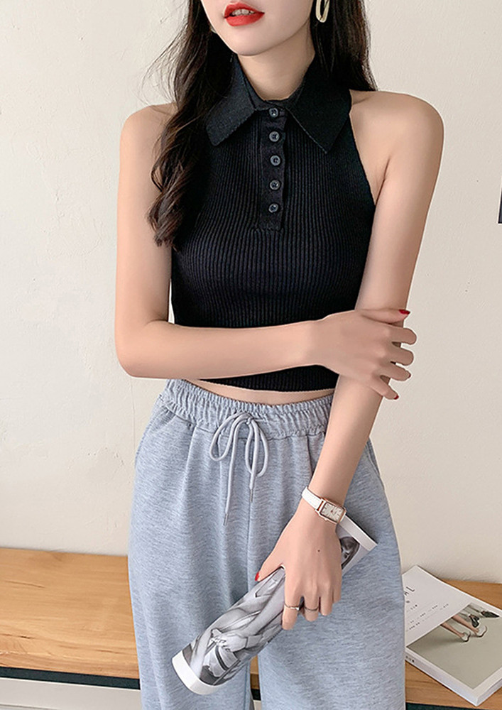 Button-placket Ribbed Black Sleeveless Top