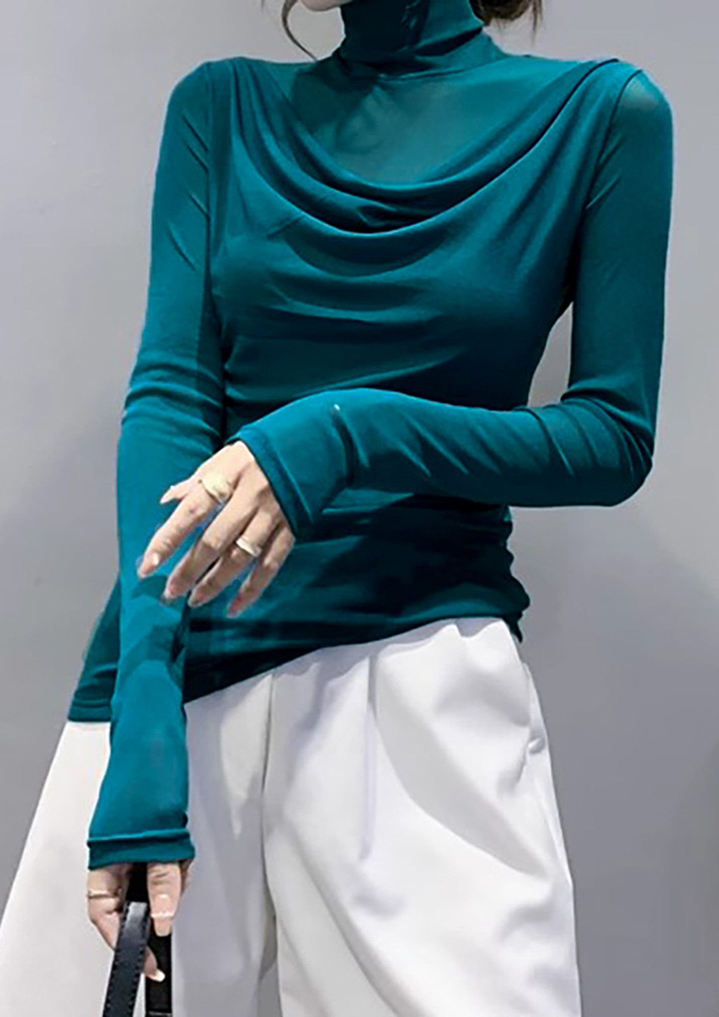 TRANSLUCENT LONG SLEEVED POLO NECK BLUE TOP