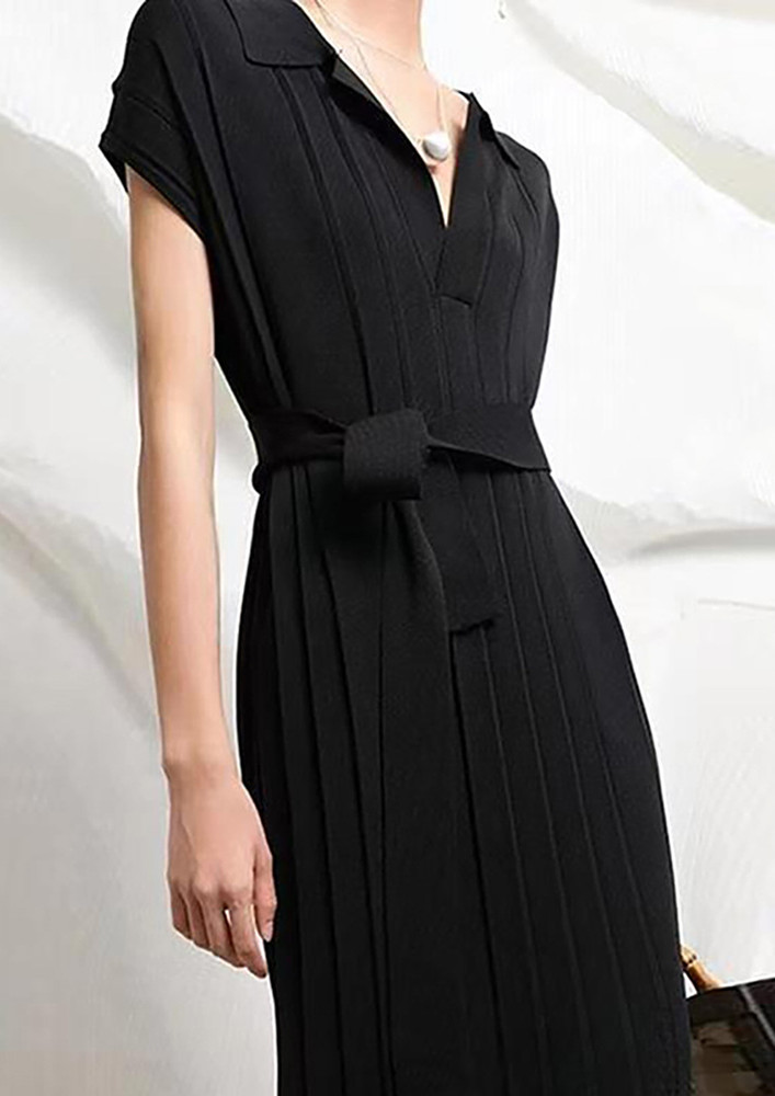 Polo Collar Black Tie-belt Midi Dress