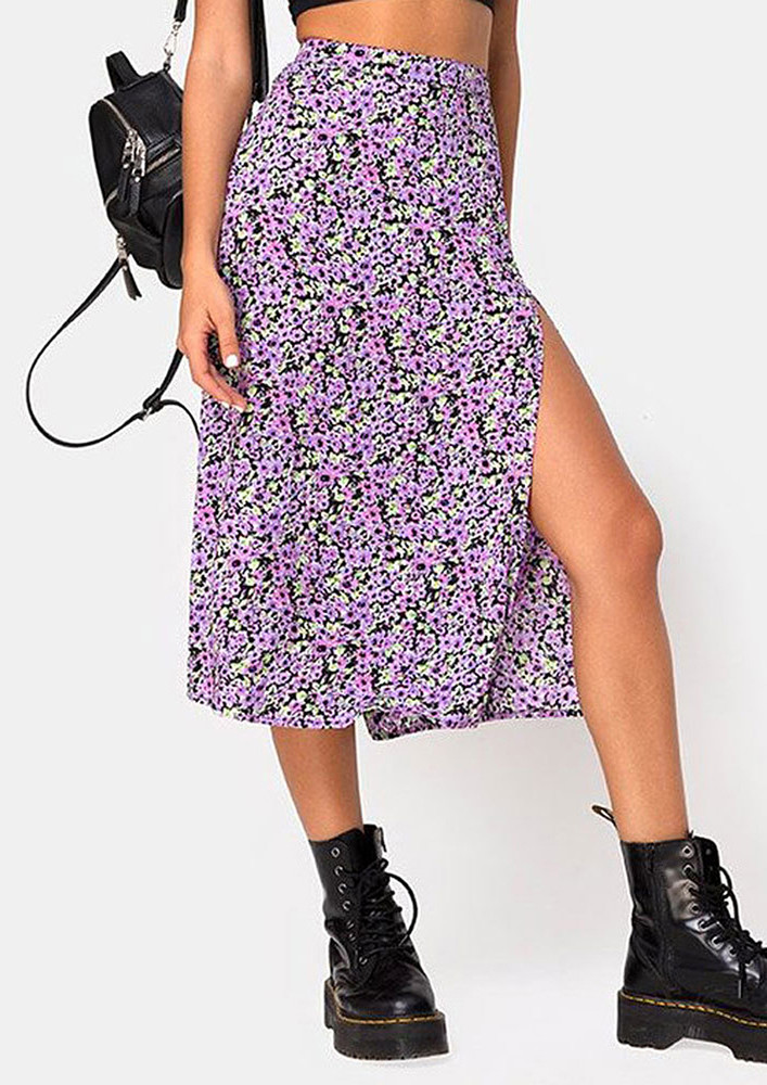 Purple Printed Mid Length A-line Skirt