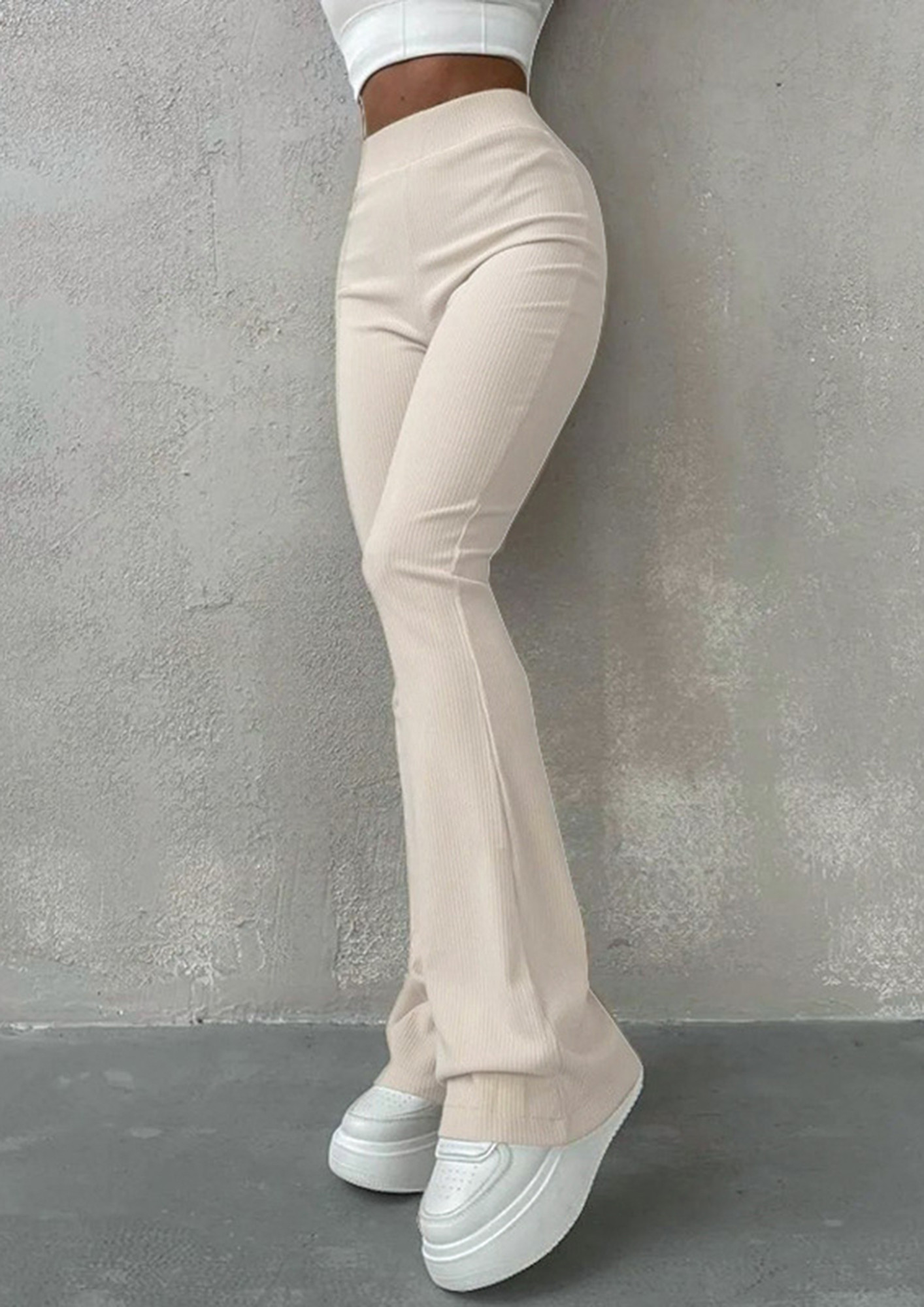 Buy RIB-KNIT HIGH-WAIST APRICOT BOOTCUT PANTS for Women Online in