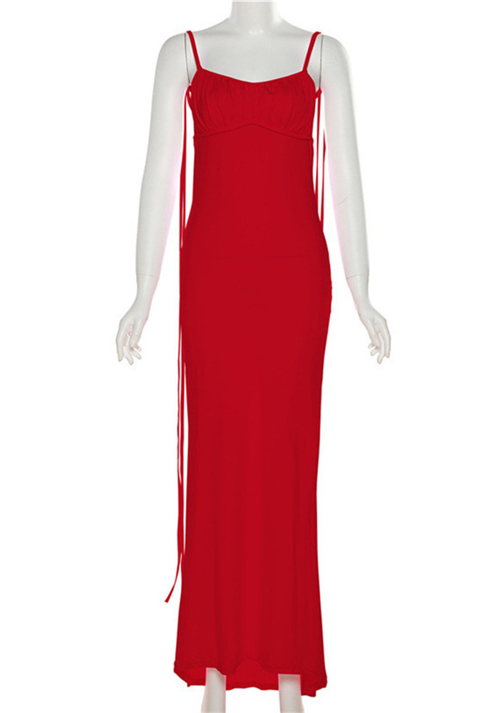 RED CONVERTIBLE STRAP RUCHED FISHTAIL DRESS