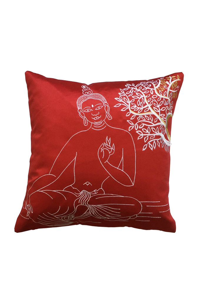 Lushomes Red Embroidered Polyester Buddha Blackout Single Throw Cushion Cover (Pack of 1, Size: 20 x 20 inches)