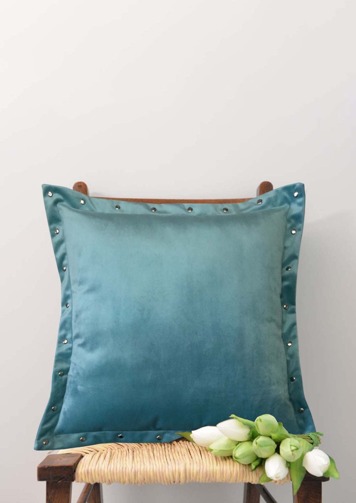 Lushomes Smooth Blue Velvet Cushion Covers with Metallic Oomph (Single Pc, 16 x 16 inches)