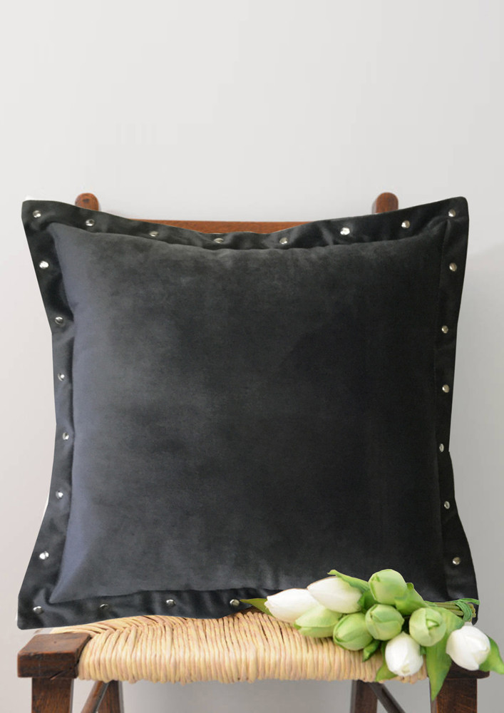 Lushomes Smooth Dark Grey Velvet Cushion Covers With Metallic Oomph (single Pc, 16 X 16 Inches)