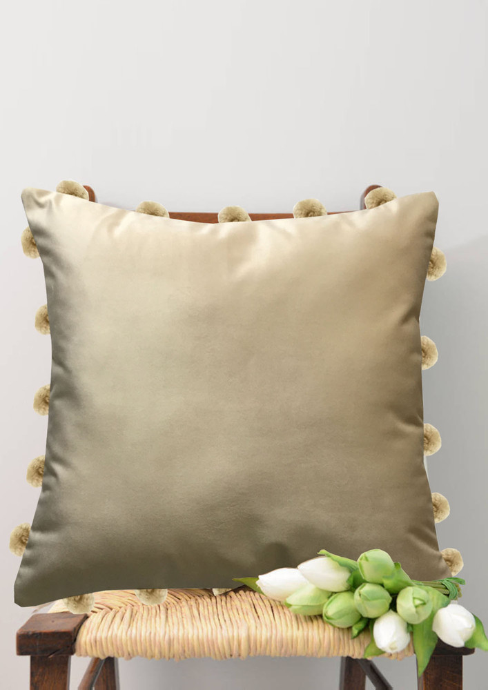 Lushomes Smooth Cream Velvet Cushion Covers With Matching Vibrant Pom Poms (single Pc, 16 X 16 Inches)