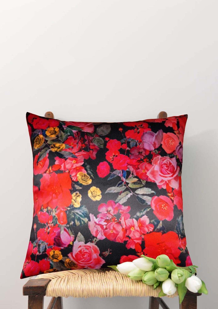 Lushomes Printed Rose Cushion Cover (16 x 16 inches, Single pc)