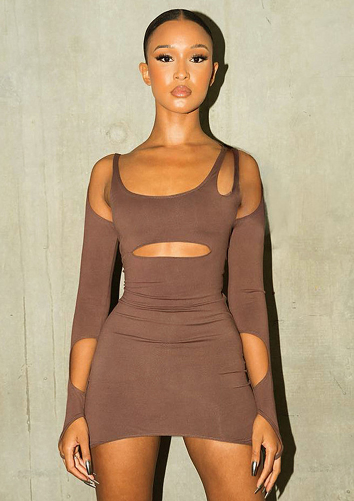 BROWN CUT-OUT BODYCON DRESS & SLEEVE SET