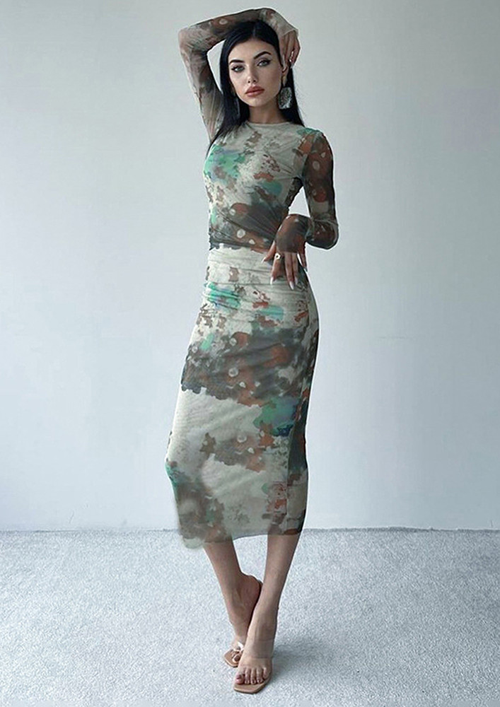 Mid Length Green Printed Slim Dress
