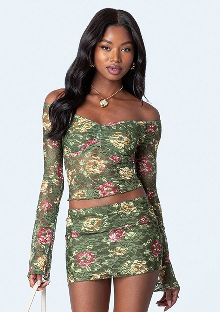 Floral Pattern Off-shoulder Top & Skirt Set