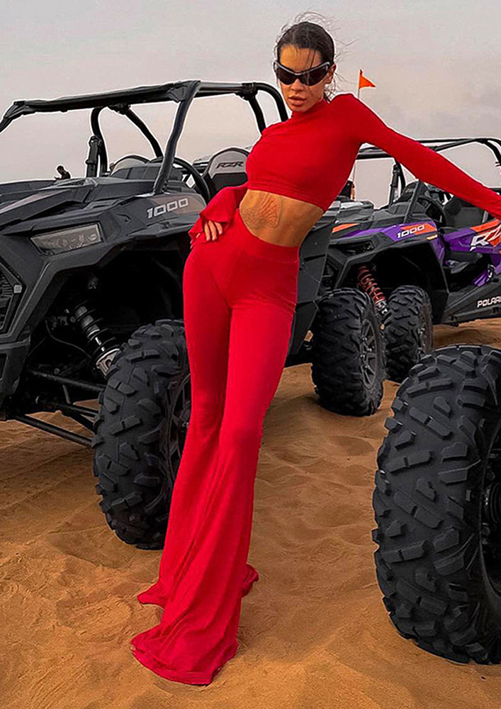 Red Polo Neck Top & Flare Pants Set