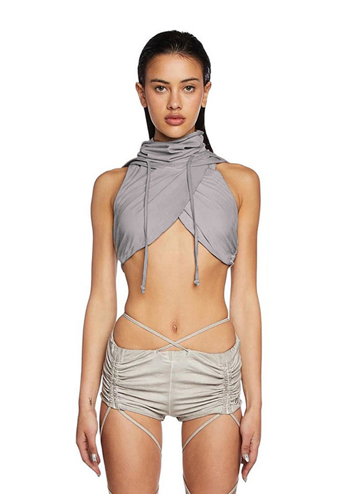 GREY CURVED CROP TOP WITH A HOOD