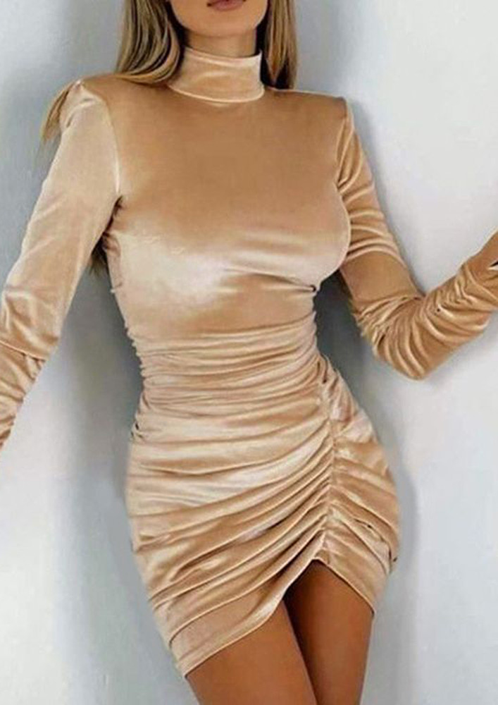 Apricot Ruched Slit Cuffs Bodycon Dress