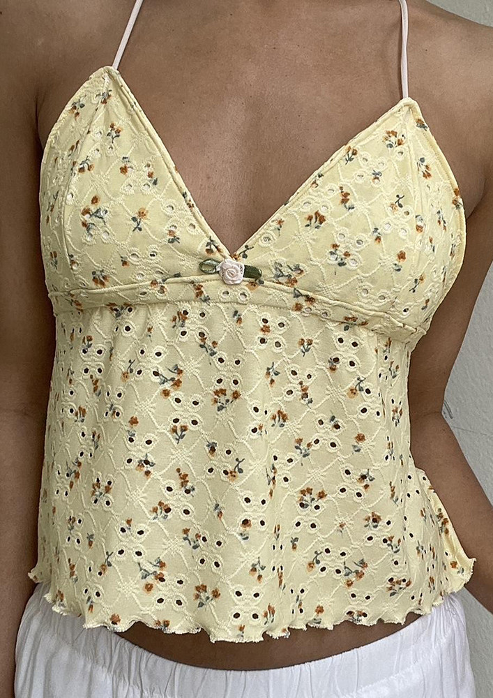 Light Yellow Floral Backless Tie-up Cami