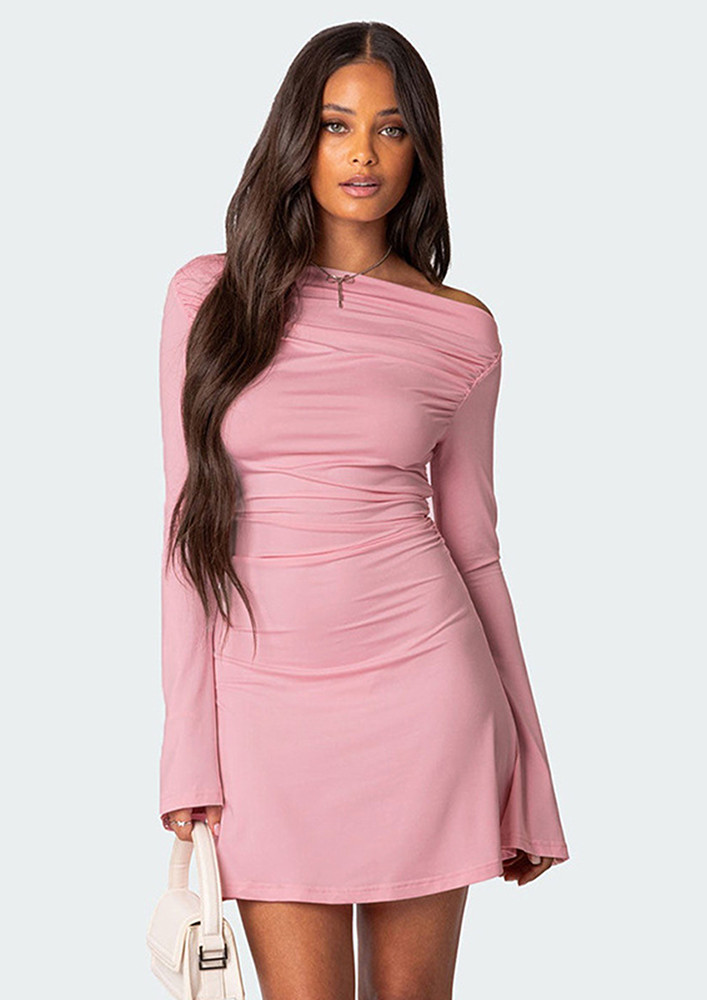 Off-shoulder Short A-line Pink Dress