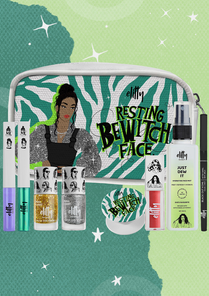 Elitty Resting Bewitch Kit - Complete Makeup Kit for Teens ( Nail Coat - Ice Breaker, Golden Hour| Pop Eyeliner -Lucid Dreaming,Power Move, Black Out Kohl - Intense Black |Jelly Lips - Pretty Chill | Just dew it Hydrating Face Mist - Eve's Favourite) - Pa