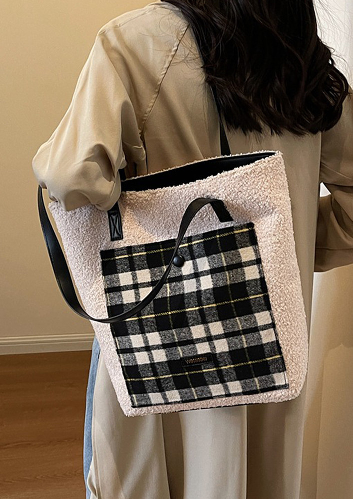 PLAID PATTERN OFF-WHITE COMMUTER TOTE BAG