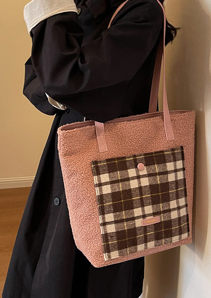 PLAID PATTERN PINK COMMUTER TOTE BAG