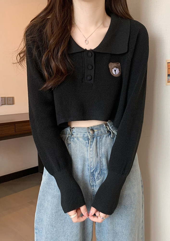 Black Half-buttoned Free Size Collar Top