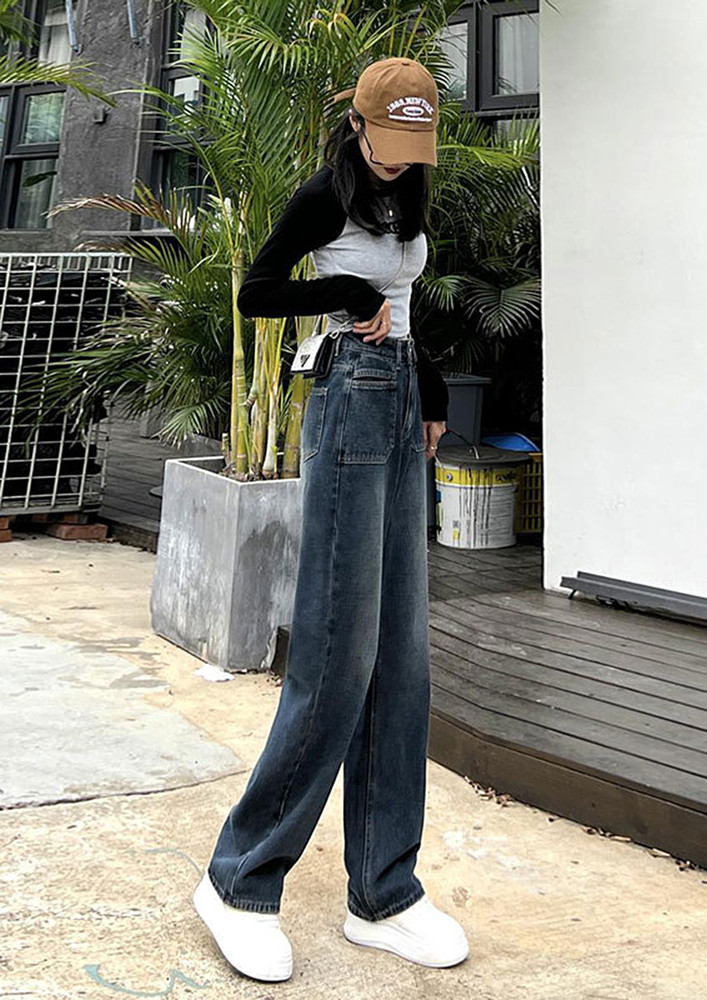 Grey Blue High-waisted Straight Jeans
