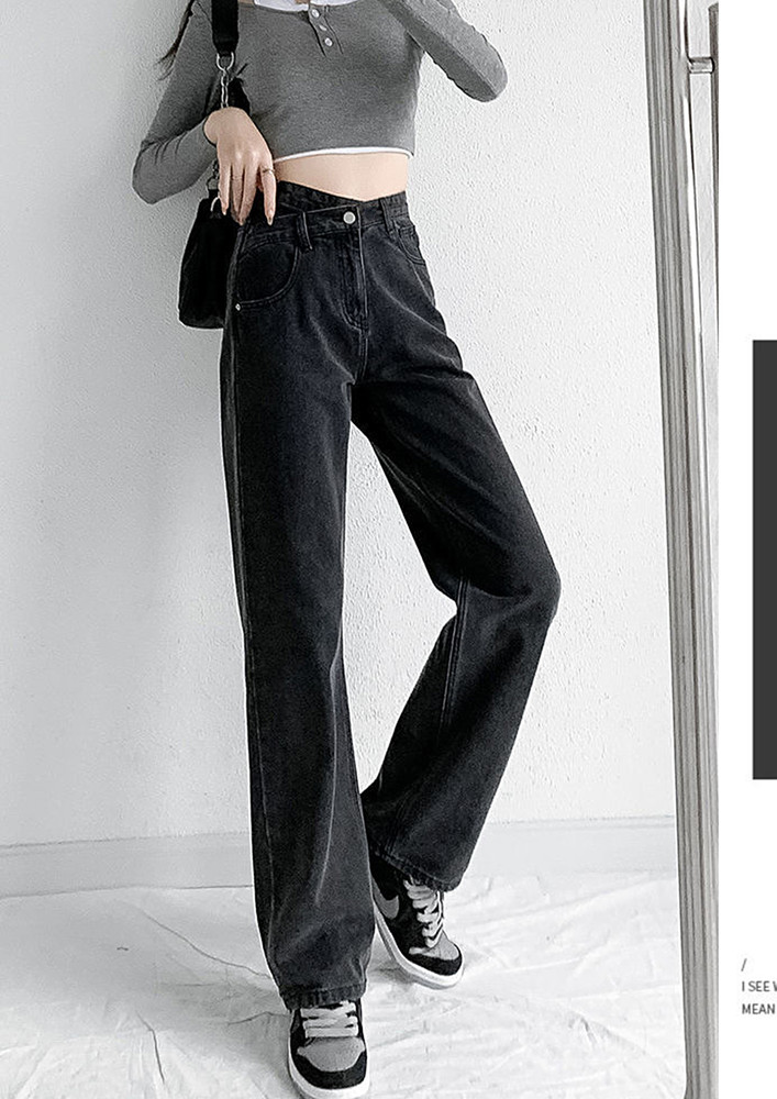Dark Grey Wrap-waist Straight Jeans