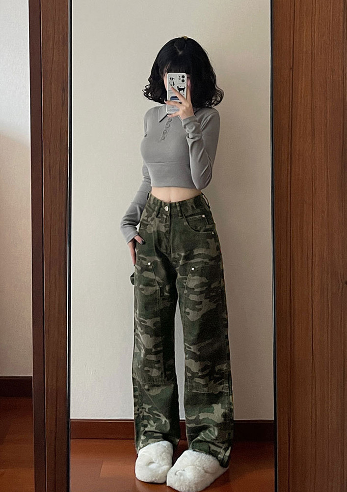 CAMOUFLAGE PRINT GREEN WIDE LEG JEANS