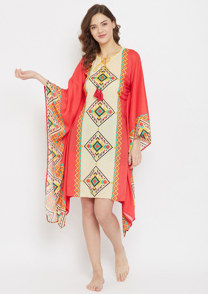 Beige Printed Kaftan Dress
