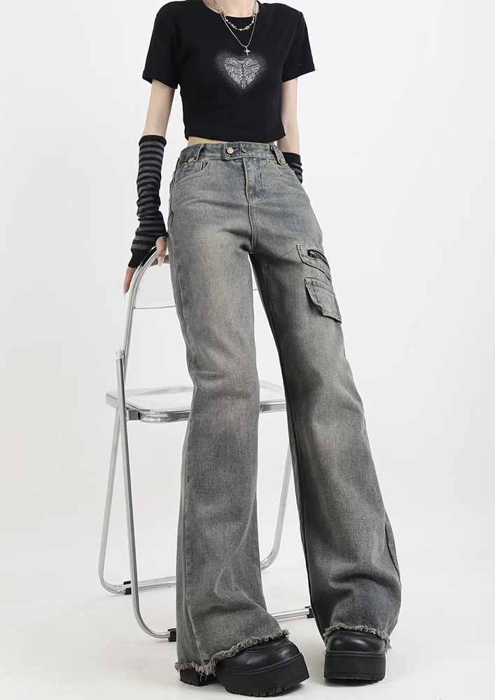 Mid-waisted Washed Wide Leg Grey Jeans