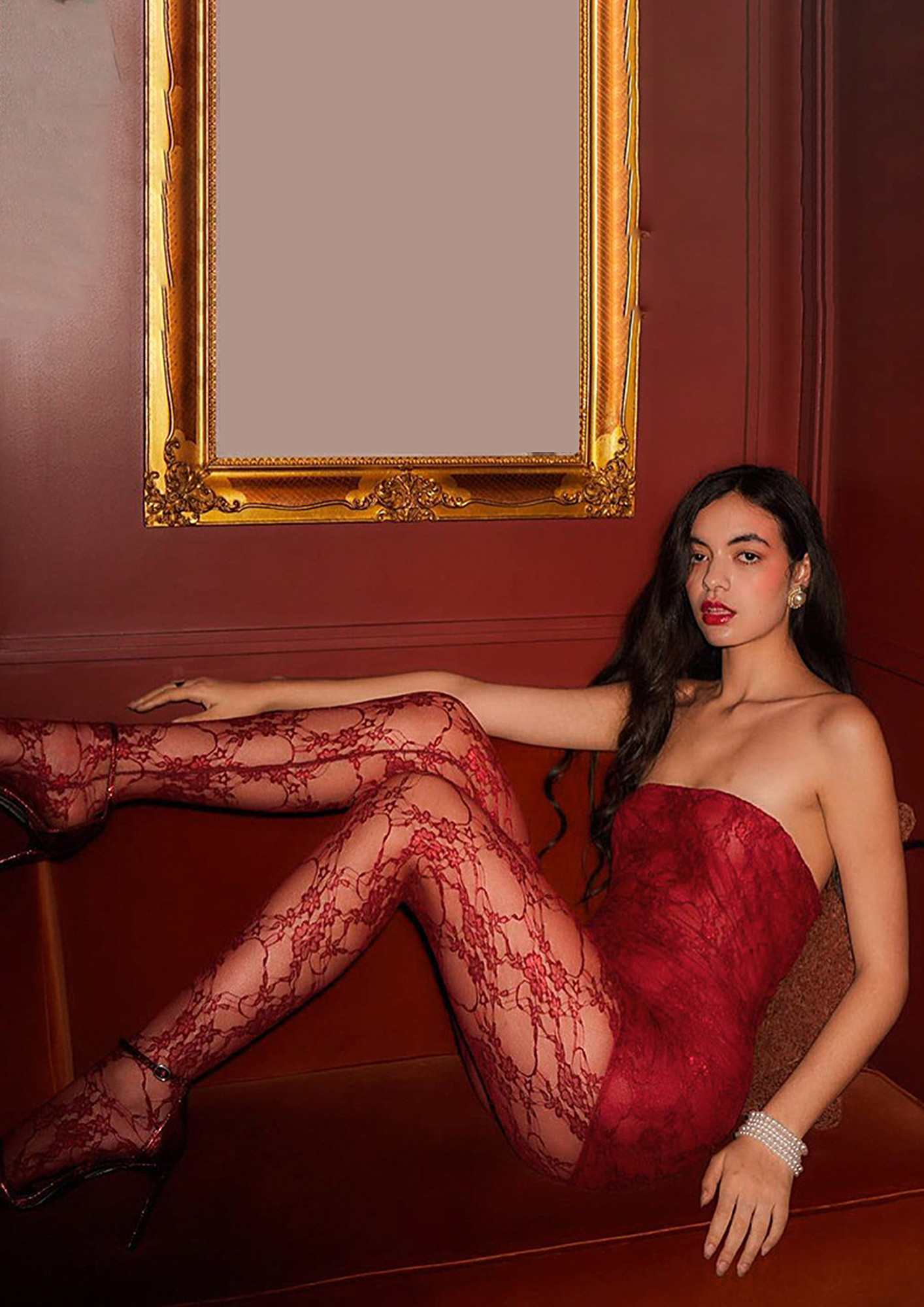 Lacy Red Bandeau Dress with Stockings