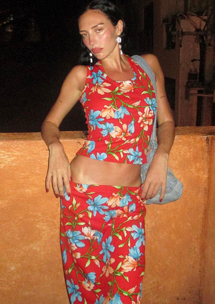 Red Tropical Print Vest And Maxi Skirt Set