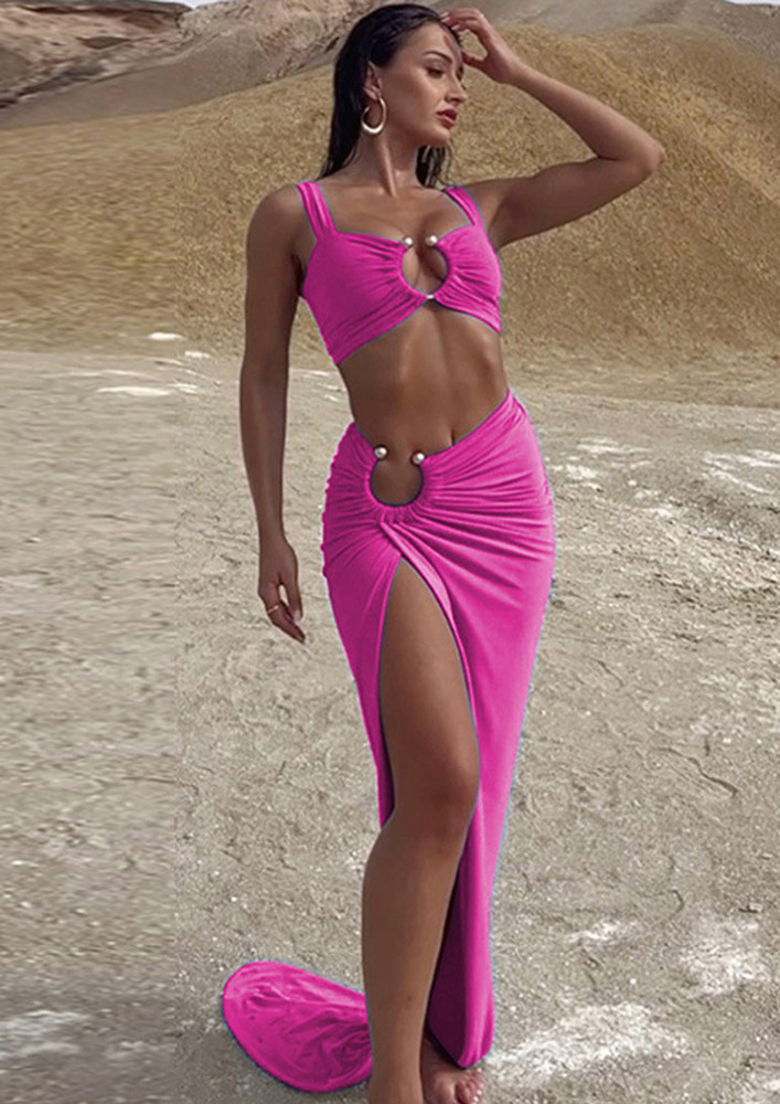 Pink Beachwear Top & Slit Skirt Set