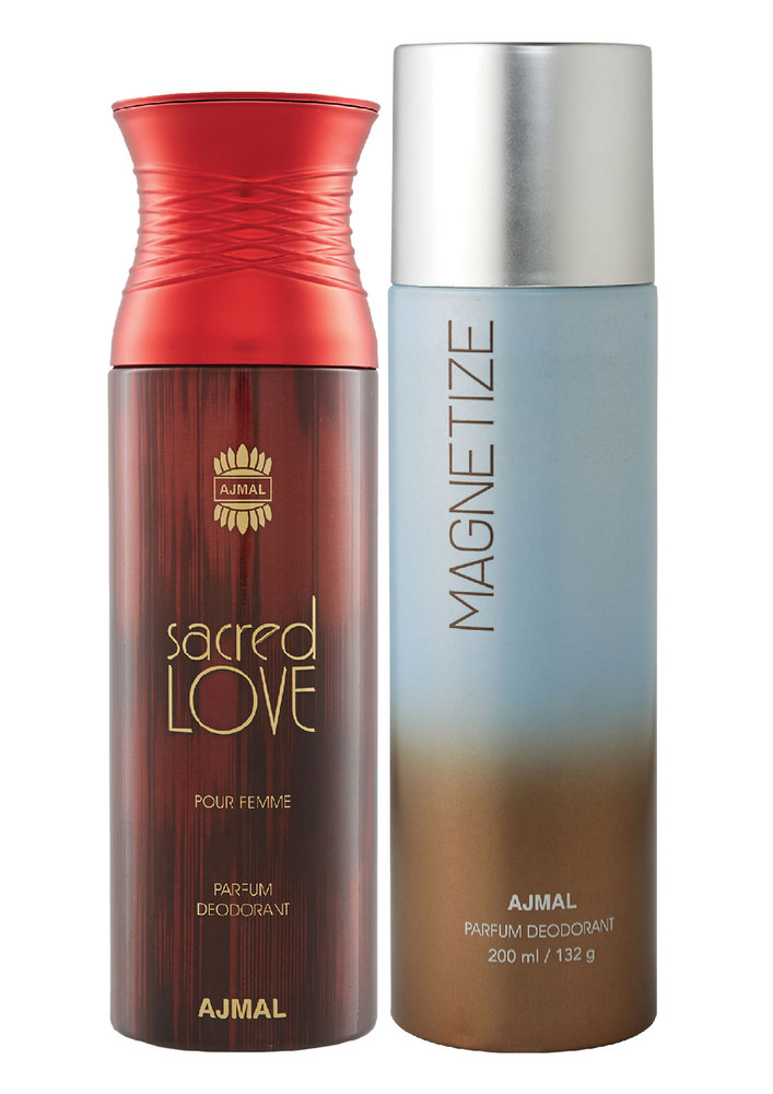 Ajmal Sacred Love Gift For Women and Magnetize Gift For Men & Women High Quality Deodorants each 200ML Combo pack of 2 (Total 400ML) + 1 Perfume Tester
