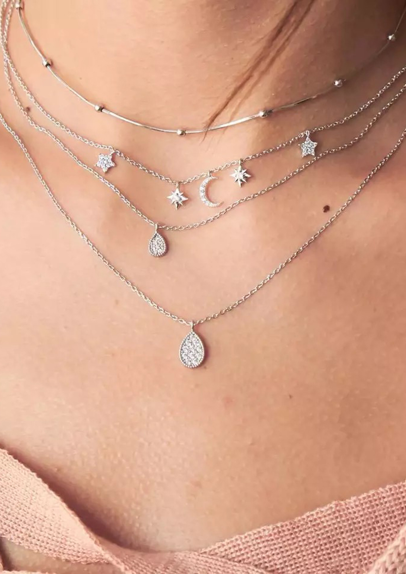 Water Drop WIth Stars & Moon Layered Necklace