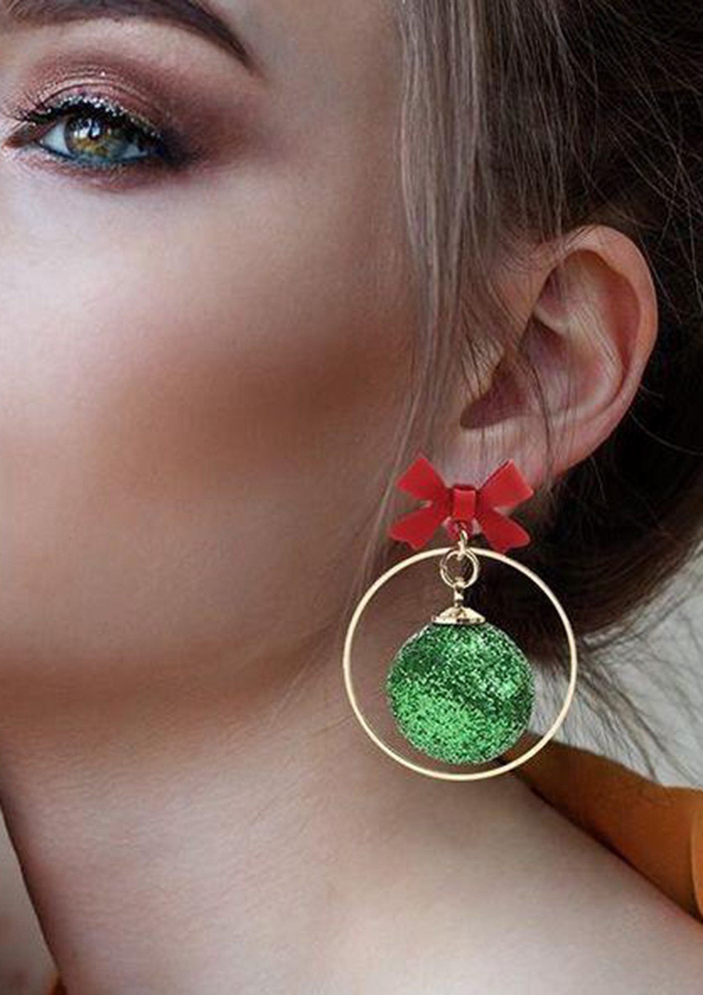 Green & Red Balls with Bow Drop Earrings