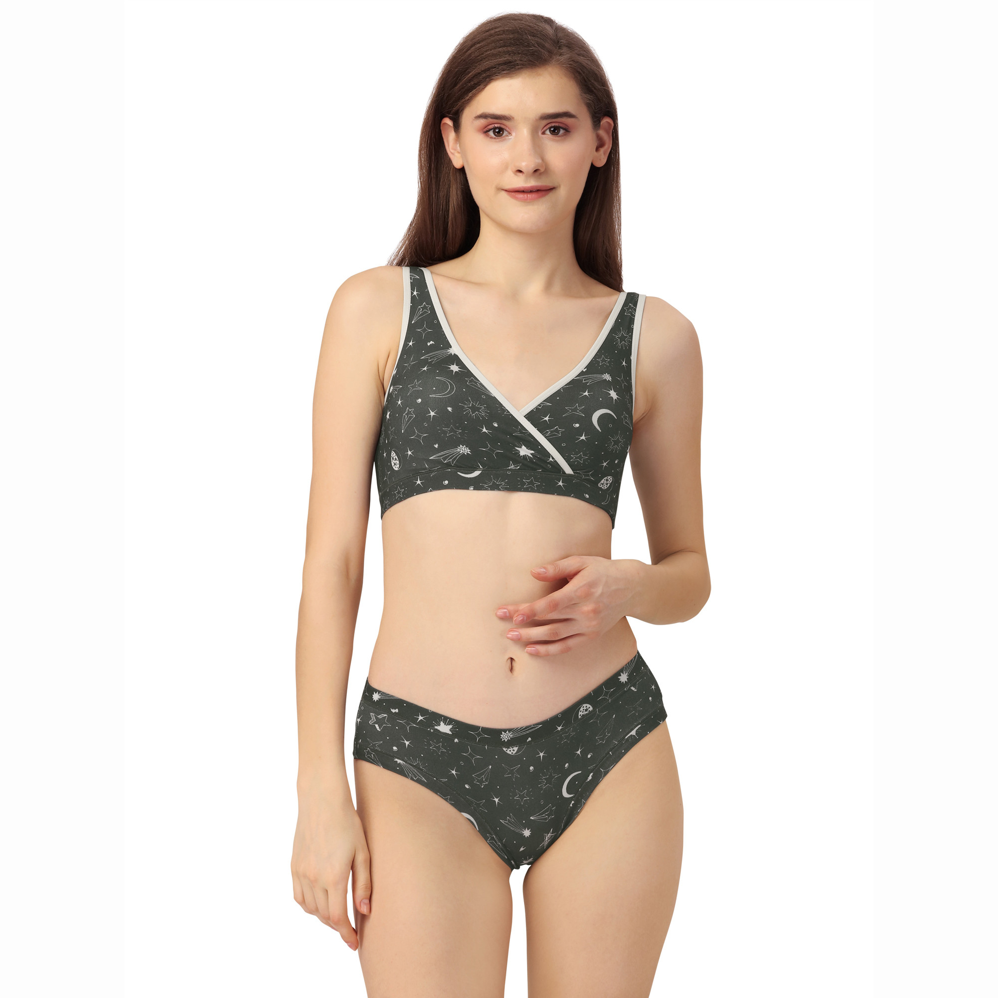 Buy SOIE Non Padded Non Wired Lounge Bra with Mid Rise Seamless Full  Coverage Brief-Olive for Women Online in India