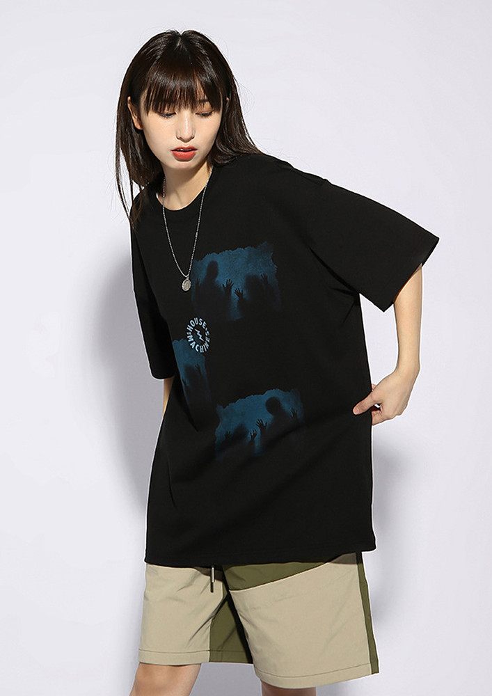 Black Round Neck Abstract Pattern T-shirt