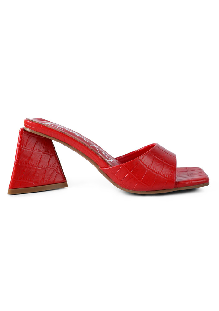 Red Triangle Block Heeled Croc Sandals