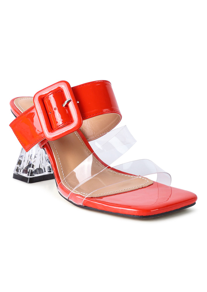 Red Mid Heel Slide Sandals