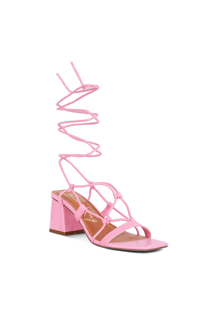 Lace Up Block Pink Heeled Sandal